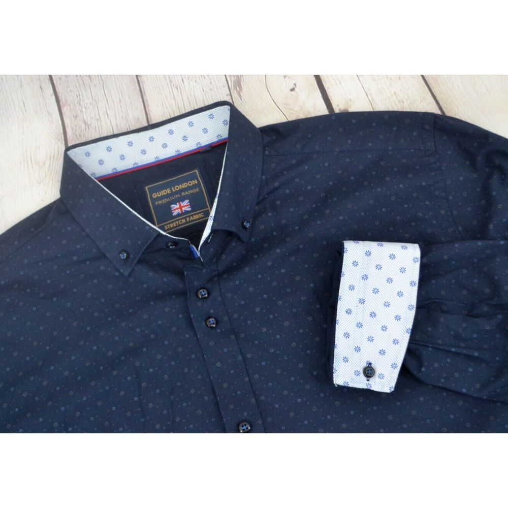 GUIDE LONDON Men's Stretch Fabric Flip Cuff Button Front Shirt SIZE‎ XL Navy